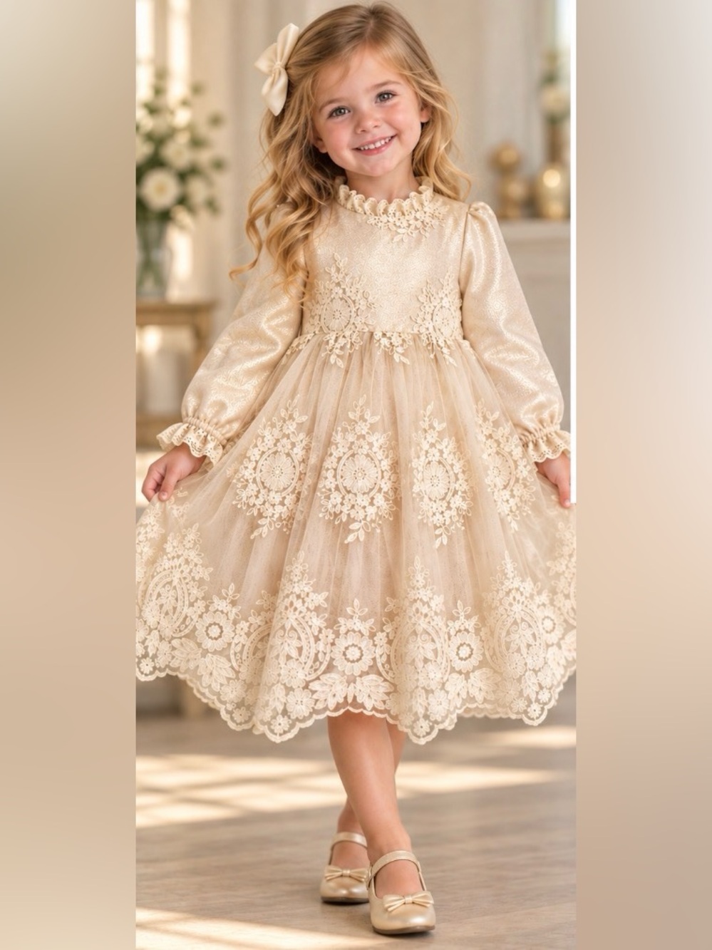 Everleigh Little Girls' Cream with gold shimmer Lace Tulle holiday party Dress